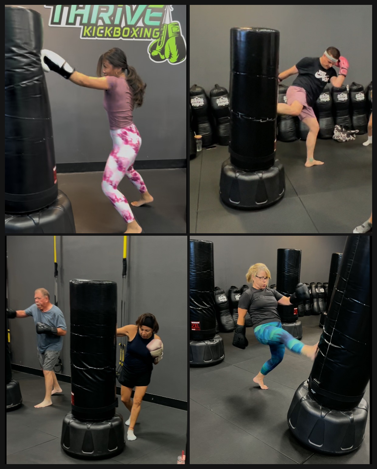 Thrive Kickboxing members of all ages and fitness levels training on heavy bags Northwest Las Vegas