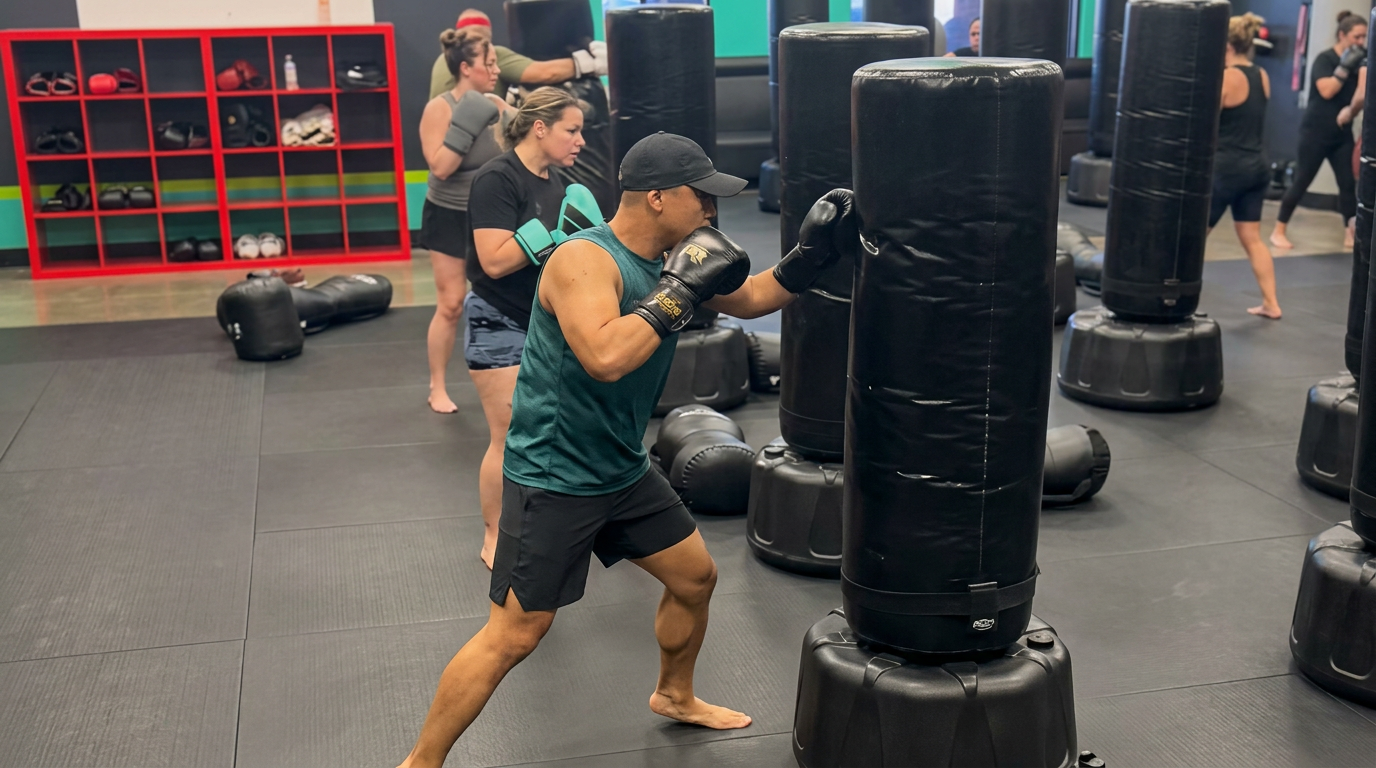 Members training on heavy bags at Thrive Kickboxing Craig Road Northwest Las Vegas